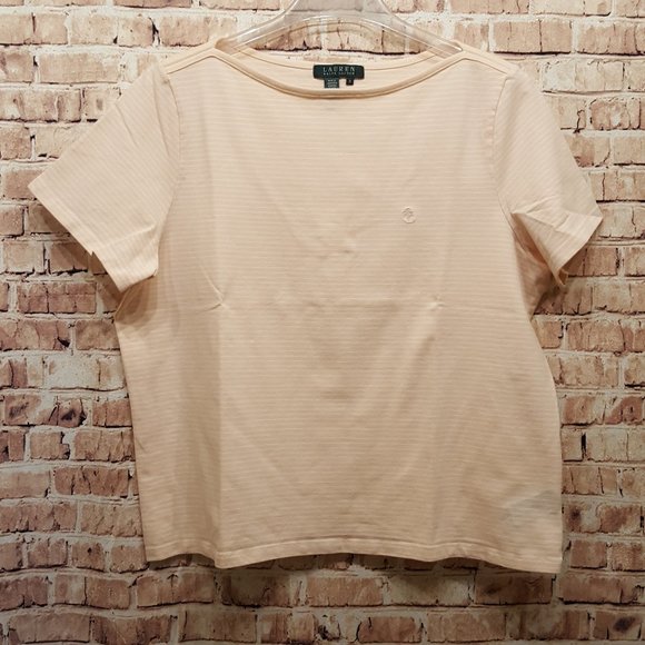 Lauren Ralph Lauren Light Peach/White Stripes T-Shirt 1X - Picture 1 of 10